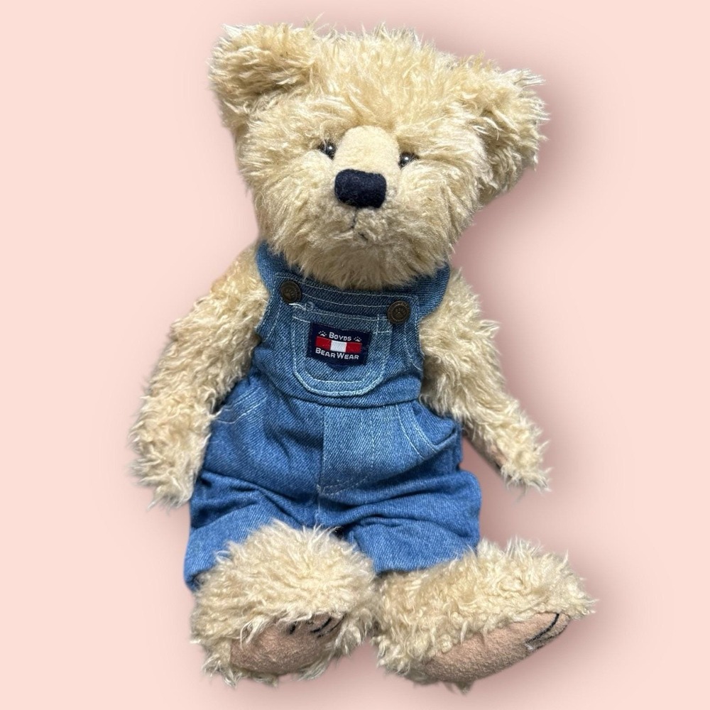 Vtg Boyds Bears Plush Jointed Teddy 14" w Denim BearWear Overalls Vintage 1990s